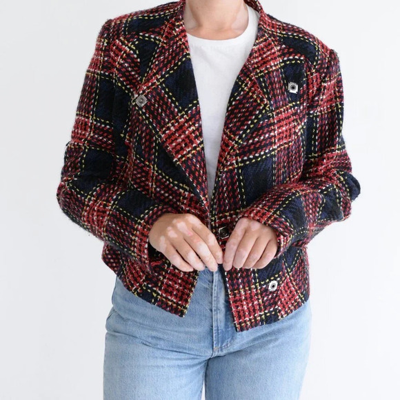 Riani Red Black Checker Plaid Cross Knit Tweed Snap Button Crop Blazer 10 - Picture 2 of 14